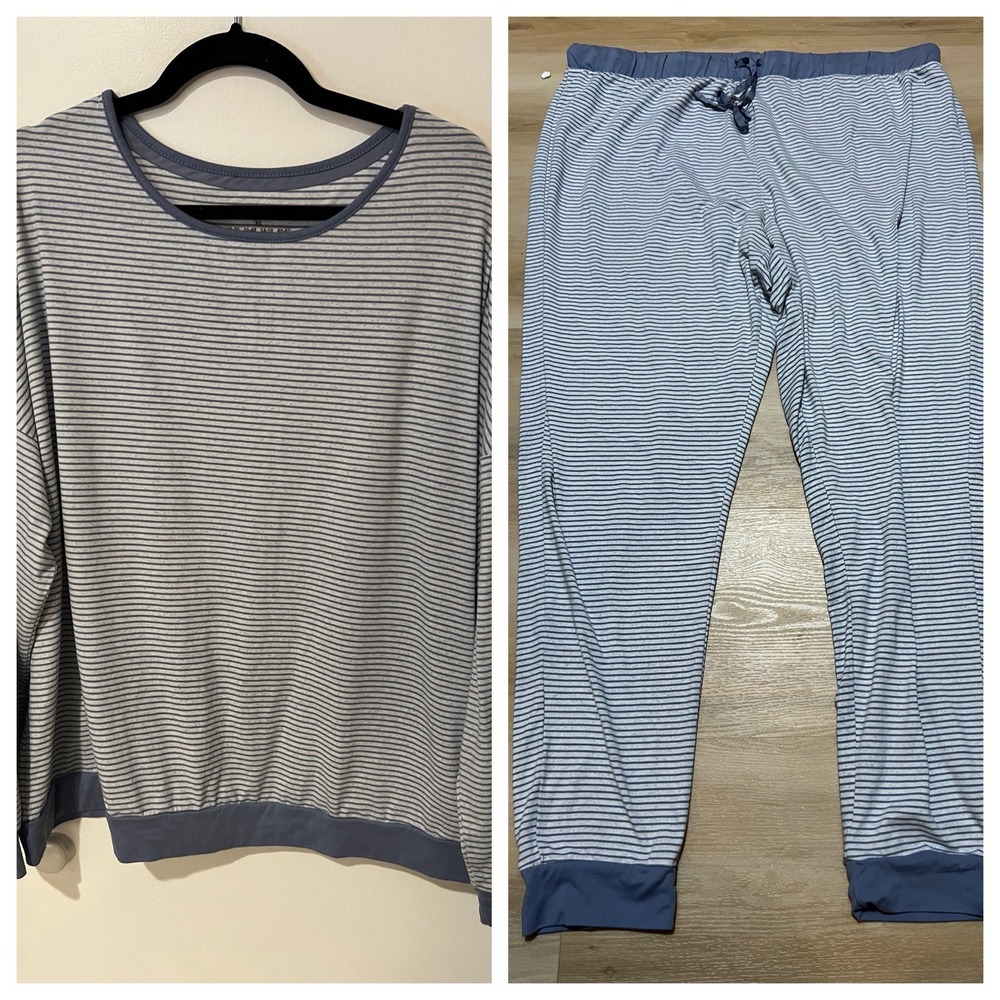 Primark Womens Blue White Striped Pajama Set Long Sleeve Joggers XL Oversized